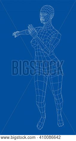 Wireframe Ballerina Or Dancer In Dance Pose. Female Dancing Salsa. Vector 3d Rendering
