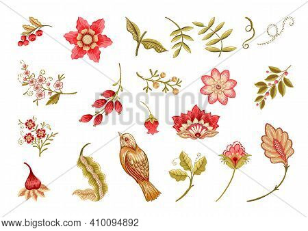 Fantasy Flowers In Retro, Vintage, Jacobean Embroidery Style. Embroidery Imitation Isolated On White