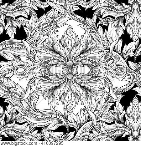 Seamless Pattern, Background In Baroque, Rococo, Victorian, Renaissance Style. Trendy Florar Vintage