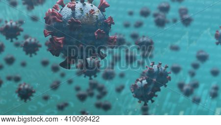 Digital illustration of macro Covid-19 cells floating, stock market statistics over a 3D human body model wearing a face mask. Coronavirus Covid-19 pandemic concept digitally generated