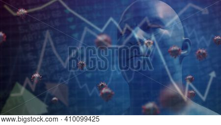 Digital illustration of macro Covid-19 cells floating, stock market statistics over a 3D human body model wearing a face mask. Coronavirus Covid-19 pandemic concept digitally generated