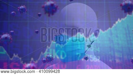 Digital illustration of macro Covid-19 cells floating, stock market statistics over a 3D human body model wearing a face mask. Coronavirus Covid-19 pandemic concept digitally generated