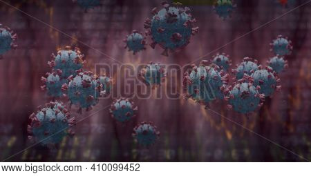 Digital illustration of macro Covid-19 cells floating, stock market statistics over a 3D human body model wearing a face mask. Coronavirus Covid-19 pandemic concept digitally generated
