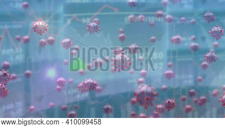 Digital illustration of macro Covid-19 cells floating, stock market statistics over a 3D human body model wearing a face mask. Coronavirus Covid-19 pandemic concept digitally generated