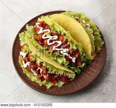 Mexican Food. Tacos With Beef On Plate. National Cusine
