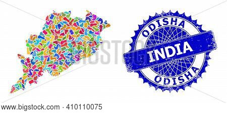 Odisha State Map Flat Illustration. Splash Mosaic And Scratched Badge For Odisha State Map. Sharp Ro