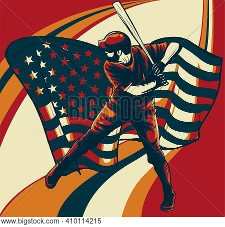 Baseball Player With American Flag Vector Illustration