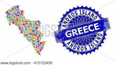 Andros Island Of Greece Map Vector Image. Spot Collage And Corroded Mark For Andros Island Of Greece