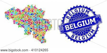 Belgium Map Vector Image. Splash Collage And Grunge Mark For Belgium Map. Sharp Rosette Blue Stamp W