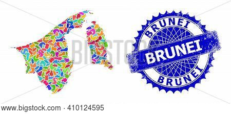 Brunei Map Template. Spot Mosaic And Unclean Stamp For Brunei Map. Sharp Rosette Blue Stamp With Tex