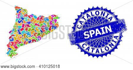 Catalonia Map Vector Image. Splash Collage And Distress Stamp Seal For Catalonia Map. Sharp Rosette 