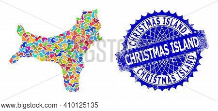 Christmas Island Map Template. Splash Mosaic And Scratched Badge For Christmas Island Map. Sharp Ros