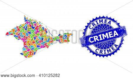 Crimea Map Vector Image. Blot Mosaic And Unclean Stamp Seal For Crimea Map. Sharp Rosette Blue Stamp