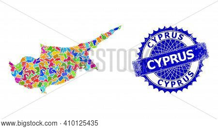 Cyprus Map Vector Image. Spot Mosaic And Distress Stamp For Cyprus Map. Sharp Rosette Blue Stamp Wit