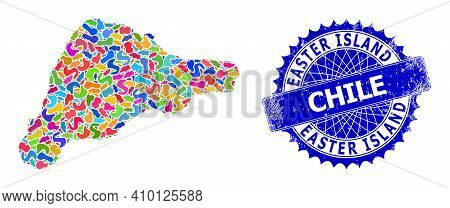 Easter Island Map Flat Illustration. Splash Pattern And Unclean Watermark For Easter Island Map. Sha