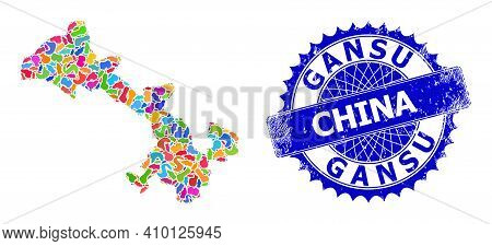 Gansu Province Map Vector Image. Blot Collage And Scratched Badge For Gansu Province Map. Sharp Rose