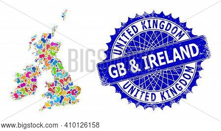 Great Britain And Ireland Map Template. Splash Collage And Unclean Stamp For Great Britain And Irela