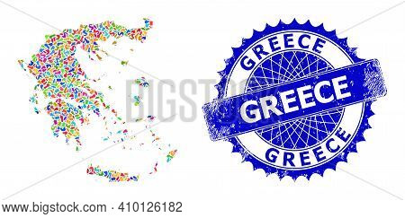 Greece Map Vector Image. Splash Collage And Scratched Stamp For Greece Map. Sharp Rosette Blue Badge