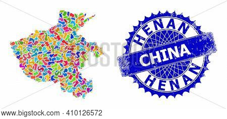 Henan Province Map Abstraction. Spot Collage And Rubber Stamp For Henan Province Map. Sharp Rosette 
