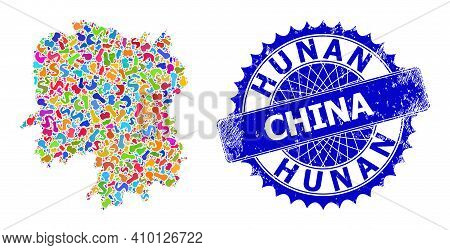 Hunan Province Map Flat Illustration. Spot Mosaic And Scratched Badge For Hunan Province Map. Sharp 