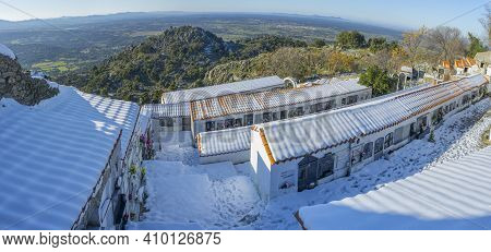 Montanchez, Spain - Jan 11th, 2021: Snow-covered Montanchez Cemetery. Awarded With The Prize For Spa