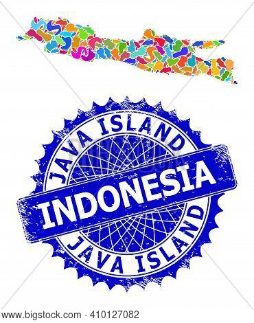 Java Island Map Flat Illustration. Splash Collage And Rubber Stamp Seal For Java Island Map. Sharp R