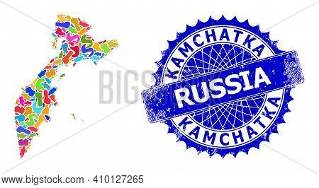 Kamchatka Map Abstraction. Splash Collage And Unclean Seal For Kamchatka Map. Sharp Rosette Blue Sta