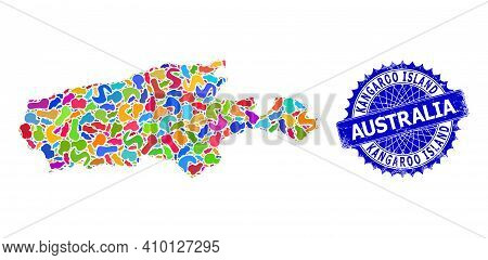 Kangaroo Island Map Template. Blot Mosaic And Grunge Seal For Kangaroo Island Map. Sharp Rosette Blu