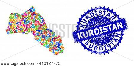 Kurdistan Map Vector Image. Splash Mosaic And Unclean Mark For Kurdistan Map. Sharp Rosette Blue Mar
