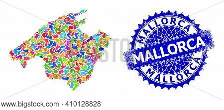 Mallorca Map Abstraction. Splash Pattern And Grunge Badge For Mallorca Map. Sharp Rosette Blue Badge