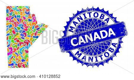 Manitoba Province Map Flat Illustration. Splash Pattern And Rubber Mark For Manitoba Province Map. S