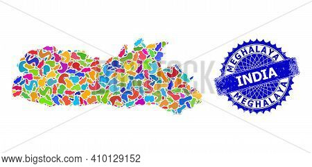 Meghalaya State Map Abstraction. Blot Mosaic And Rubber Stamp Seal For Meghalaya State Map. Sharp Ro