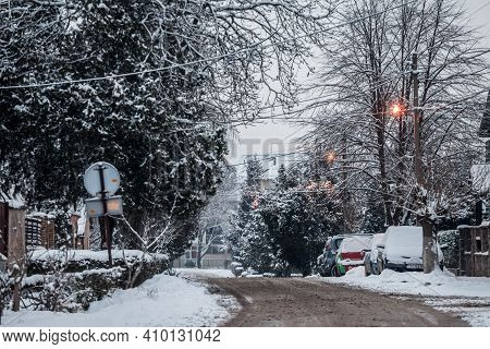 Pancevo, Serbia - January 17, 2021: Residential Street Of Pancevo, Vojvodina, Serbia, Covered In Sno