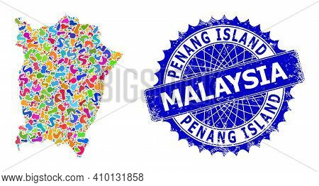 Penang Island Map Vector Image. Spot Mosaic And Corroded Watermark For Penang Island Map. Sharp Rose