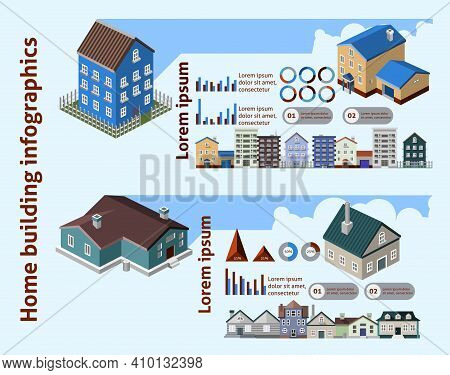 Home Building Infographics With Isometric Houses And Charts Vector Illustration
