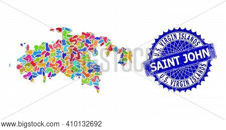 Saint John Island Map Vector Image. Spot Collage And Rubber Stamp For Saint John Island Map. Sharp R