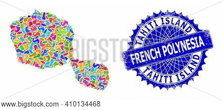Tahiti Island Map Vector Image. Splash Collage And Distress Badge For Tahiti Island Map. Sharp Roset
