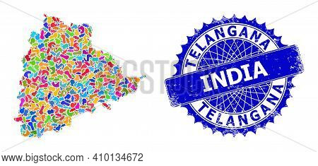 Telangana State Map Vector Image. Splash Mosaic And Scratched Stamp Seal For Telangana State Map. Sh