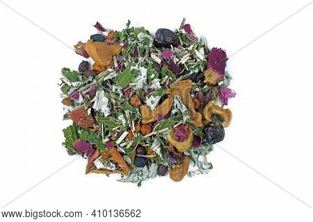 Herbal Tea With Pieces Of Apples And Dried Raspberries On A White Background, Top View. Dry Raspberr