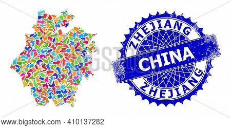 Zhejiang Province Map Vector Image. Spot Mosaic And Scratched Seal For Zhejiang Province Map. Sharp 