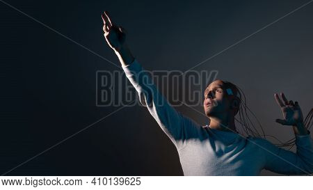 Bald Man With Electrodes In His Brain , Futuristic Concept,