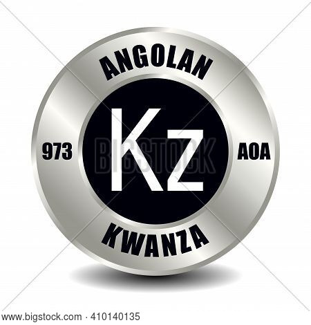 Angola Money Icon Isolated On Round Silver Coin. Vector Sign Of Currency Symbol With International I
