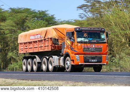 Rift Valley Province, Kenya - January 31, 2021: Chinese Semi-trailer Dump Truck Faw J5 At The Interu