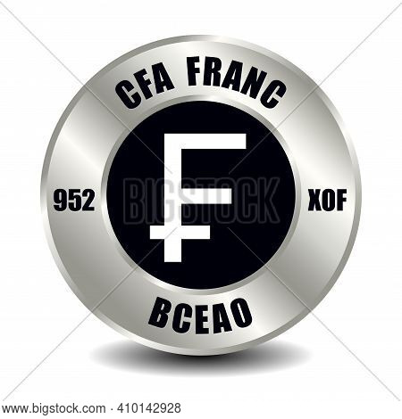 Cfa Money Icon Isolated On Round Silver Coin. Vector Sign Of Currency Symbol With International Iso 