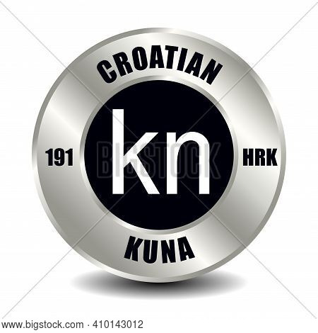 Croatian Kuna, Croatia Money Icon Isolated On Round Silver Coin. Vector Sign Of Currency Symbol With