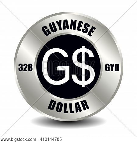Guyana Money Icon Isolated On Round Silver Coin. Vector Sign Of Currency Symbol With International I