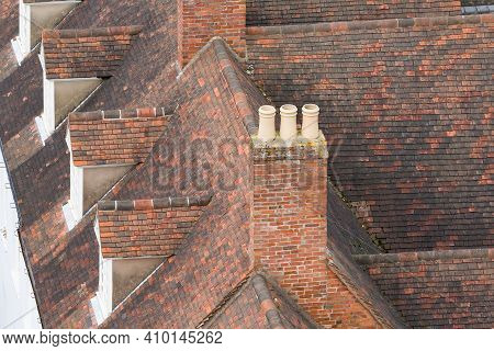 Rooves Of A Row Of Old Terraced Houses In Warwick, Uk, Aerial View