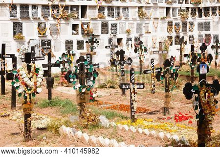 Panaji, India - November 07, 2011. Graveyard, Cemetery, Burial Ground With Columbarium Wall With Nic