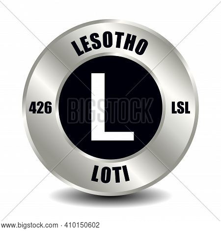 Lesotho Money Icon Isolated On Round Silver Coin. Vector Sign Of Currency Symbol With International 