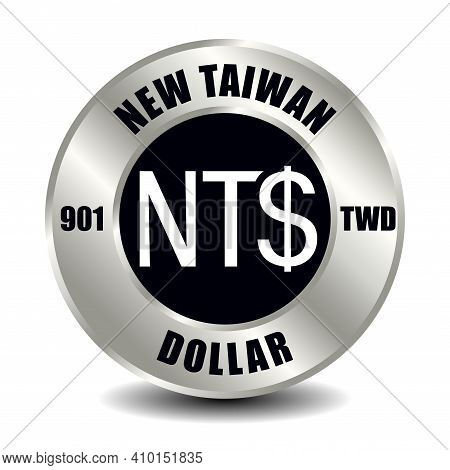 Taiwan Money Icon Isolated On Round Silver Coin. Vector Sign Of Currency Symbol With International I